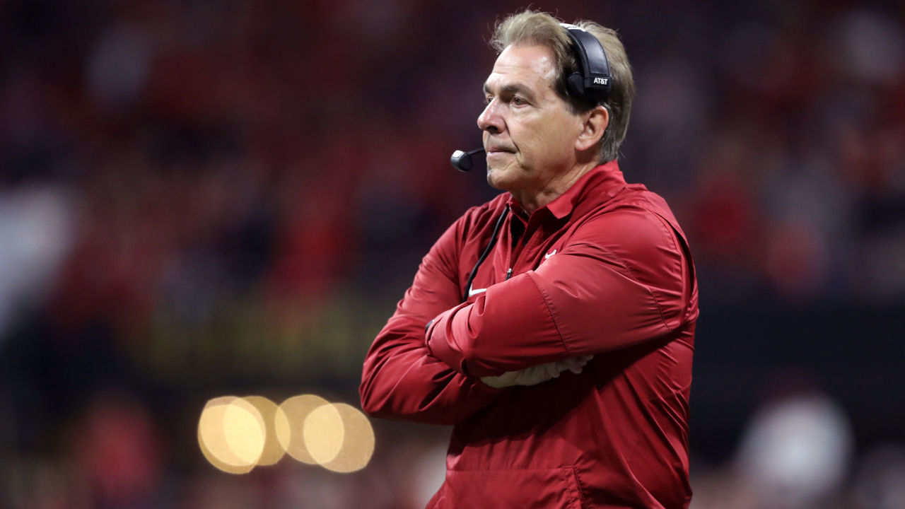 ATLANTA, GA - JANUARY 08: Head coach Nick Saban of the Alabama Crimson Tide reacts to a play during the second half against the Georgia Bulldogs in the CFP National Championship presented by AT&T at Mercedes-Benz Stadium on January 8, 2018 in Atlanta, Georgia.