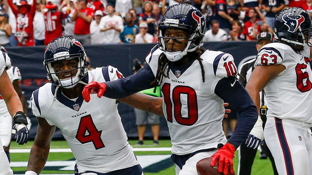 HOUSTON, TX - SEPTEMBER 10: DeAndre Hopkins #10 of the Houston Texans and Deshaun Watson #4 celebrate after a score in the third quarter at NRG Stadium on September 10, 2017 in Houston, Texas.