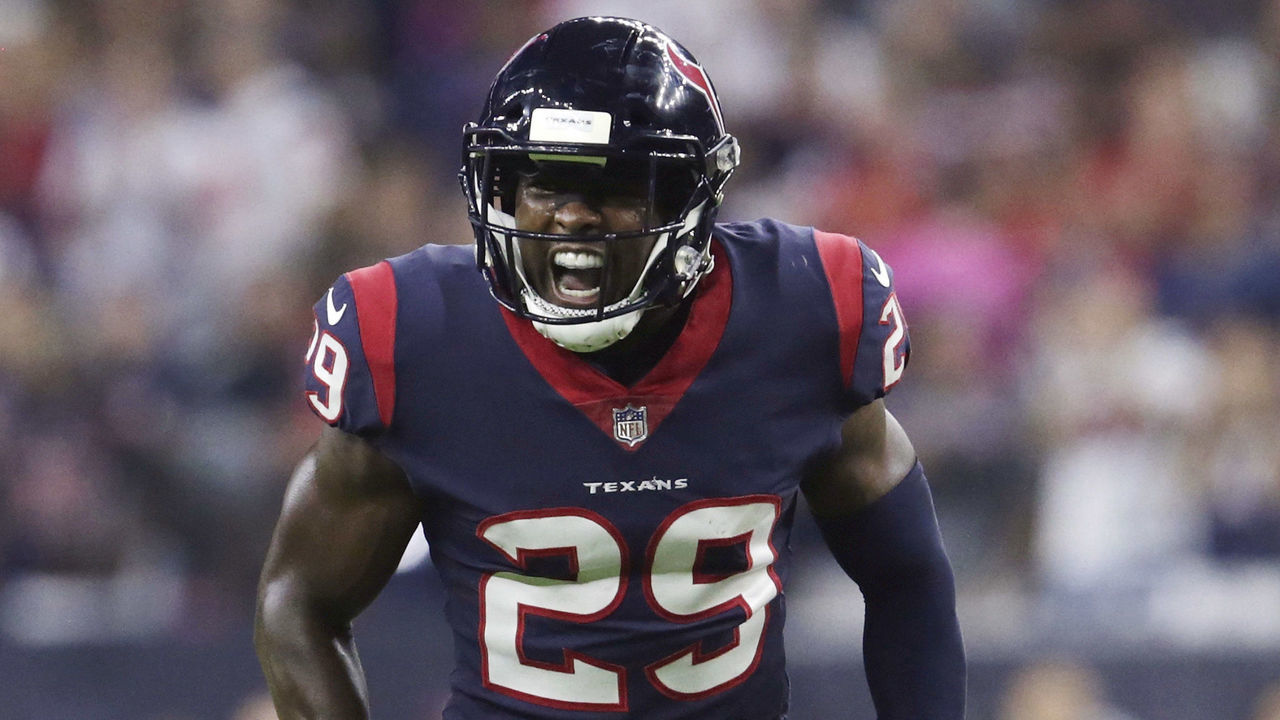 HOUSTON, TX - OCTOBER 08: Andre Hal #29 of the Houston Texans celebrates a tackle against the Kansas City Chiefs in the first quarter at NRG Stadium on October 8, 2017 in Houston, Texas.