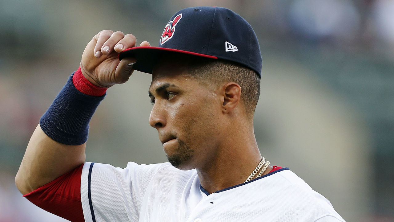 CLEVELAND, OH - AUGUST 04: Leonys Martin #13 of the Cleveland Indians walks to the dugout before the start of the game against the Los Angeles Angels of Anaheim at Progressive Field on August 4, 2018 in Cleveland, Ohio. The Indians defeated the Angels 3-0.