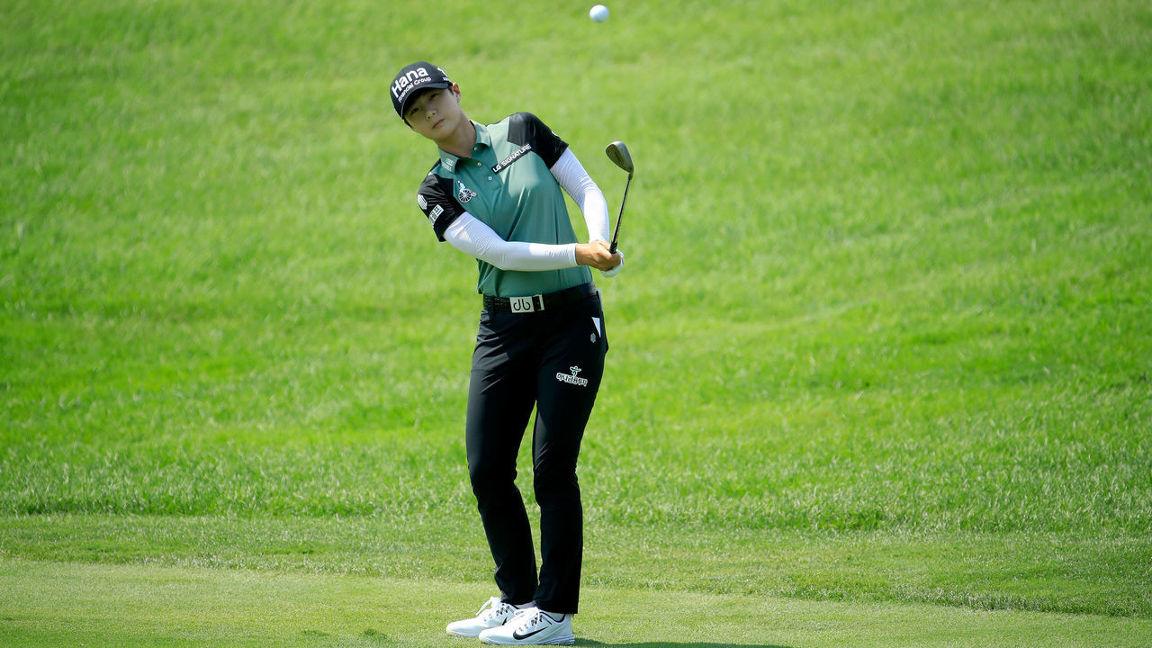 INDIANAPOLIS, IN - AUGUST 19: Sung Hyun Park of South Korea hits her third shot on the second hole during the final round of the Indy Women In Tech Championship Driven by Group 1001 at the Brickyard Crossing Golf Club on August 19, 2018 in Indianapolis, Indiana.