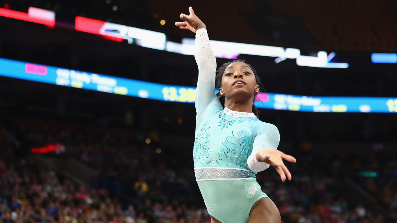 BOSTON, MA - AUGUST 19: Simone Biles performs her floor exercise during day four of the U.S. Gymnastics Championships 2018 at TD Garden on August 19, 2018 in Boston, Massachusetts.