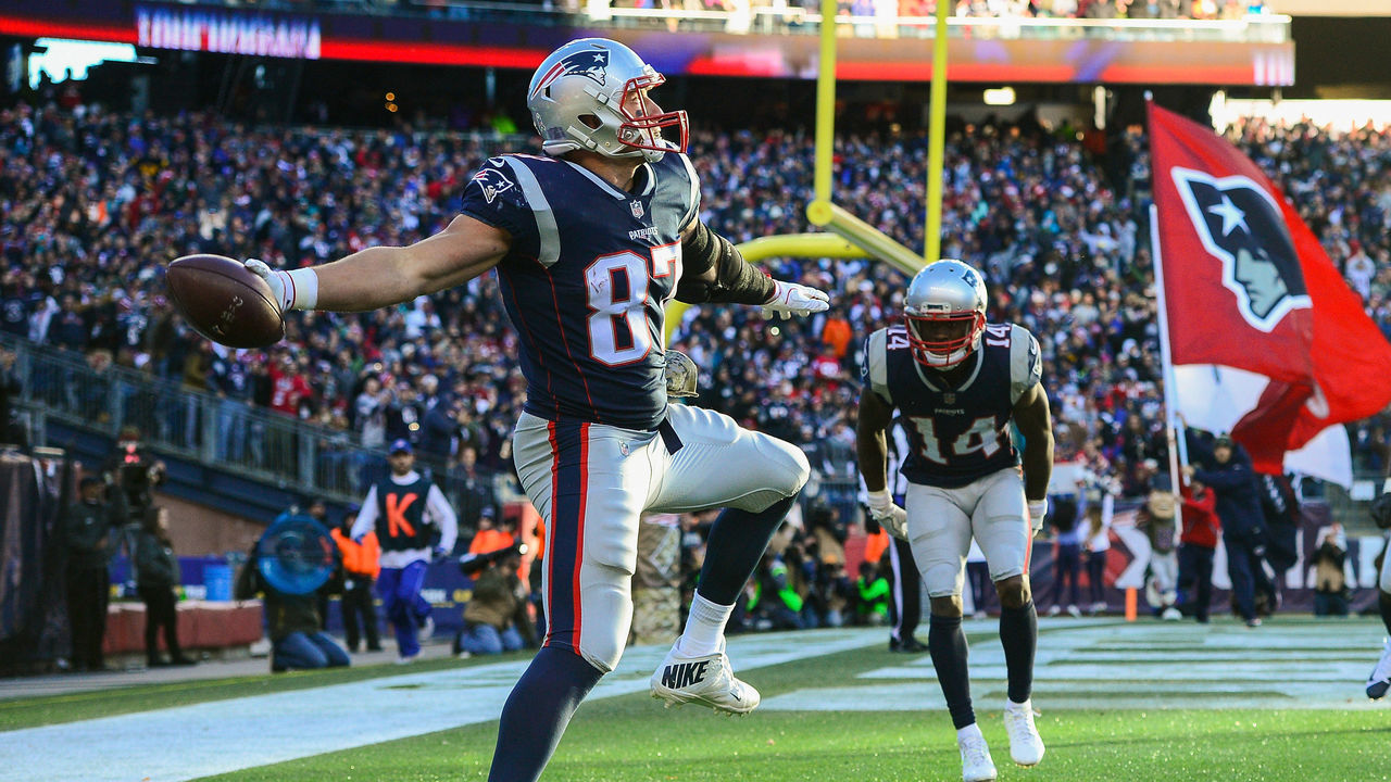 FOXBORO, MA - NOVEMBER 26: Rob Gronkowski #87 of the New England Patriots spikes the ball after catching a touchdown pass during the third quarter of a game against the Miami Dolphins at Gillette Stadium on November 26, 2017 in Foxboro, Massachusetts.