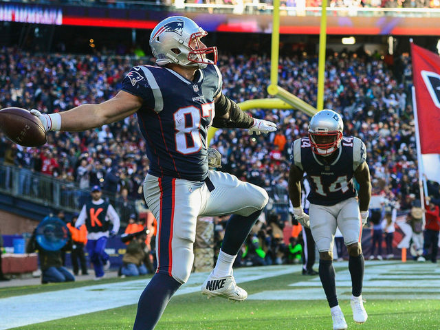 FOXBORO, MA - NOVEMBER 26: Rob Gronkowski #87 of the New England Patriots spikes the ball after catching a touchdown pass during the third quarter of a game against the Miami Dolphins at Gillette Stadium on November 26, 2017 in Foxboro, Massachusetts.