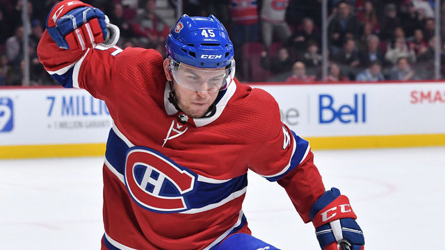 MONTREAL, QC - APRIL 3: Kerby Rychel #45 of the Montreal Canadiens celebrate after scoring a goal against the Winnipeg Jets in the NHL game at the Bell Centre on April 3, 2018 in Montreal, Quebec, Canada. *** Local Caption ***