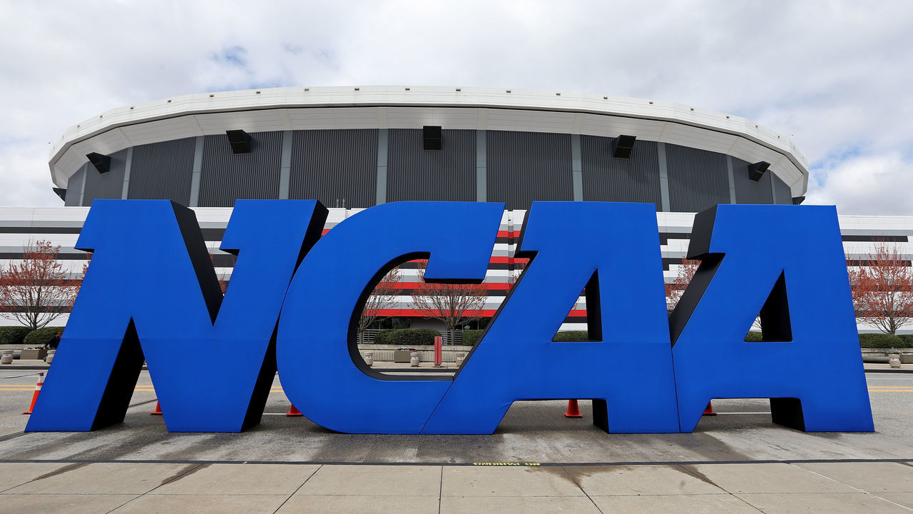 ATLANTA, GA - APRIL 05: A detail of giant NCAA logo is seen outside of the stadium on the practice day prior to the NCAA Men's Final Four at the Georgia Dome on April 5, 2013 in Atlanta, Georgia.
