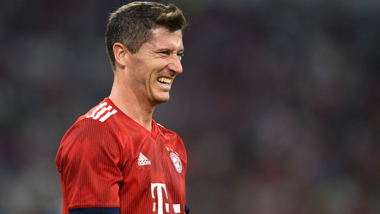 Bayern Munich's Polish striker Robert Lewandowski reacts during the pre-season friendly football match between FC Bayern Munich and Manchester United at the Allianz Arena in Munich, southern Germany on August 5, 2018.