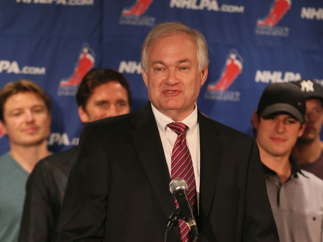 NEW YORK, NY - SEPTEMBER 13: Don Fehr, executive director of the National Hockey League Players Association meets with the media at Marriott Marquis Times Square on September 13, 2012 in New York City.
