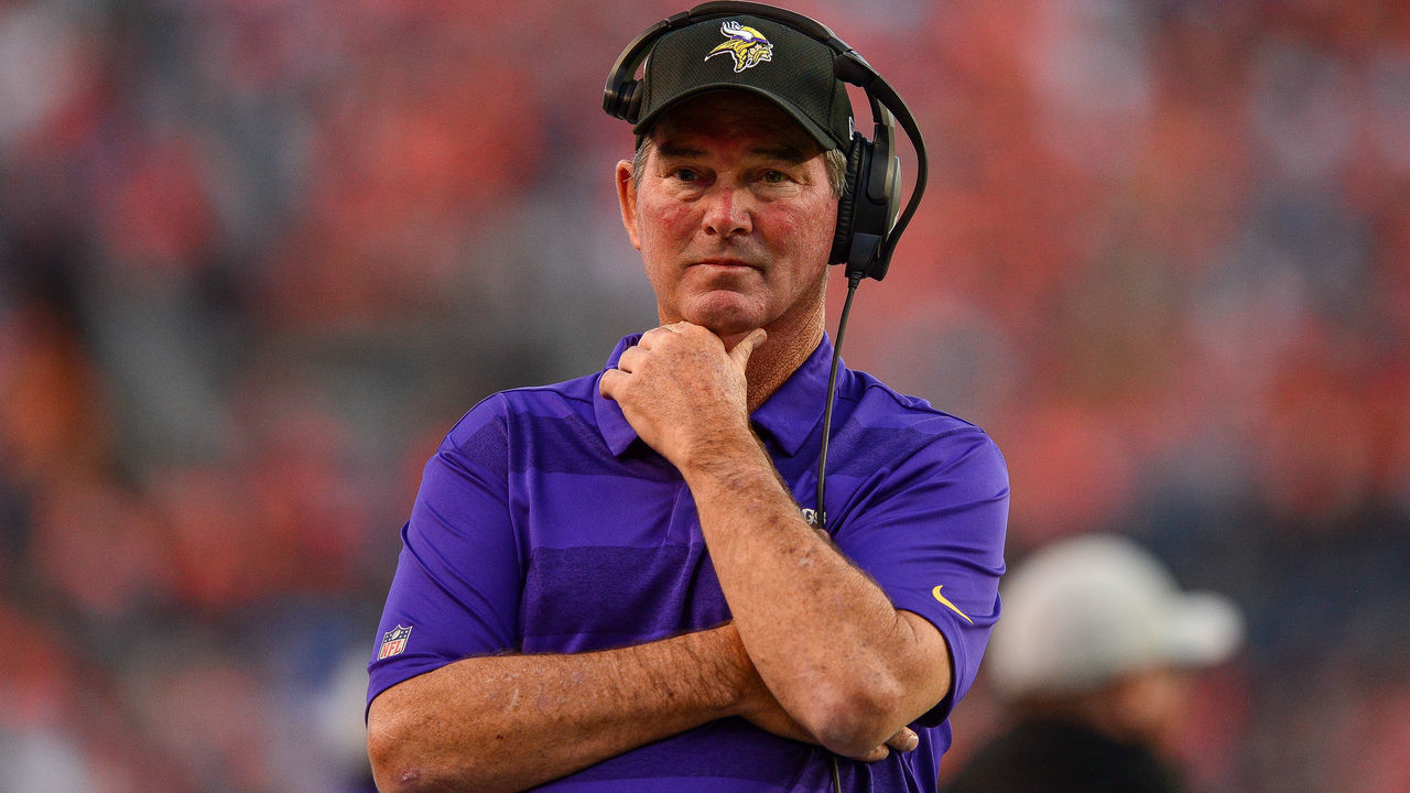 DENVER, CO - AUGUST 11: Head coach Mike Zimmer of the Minnesota Vikings stands on the sideline during an NFL preseason game against the Denver Broncos at Broncos Stadium at Mile High on August 11, 2018 in Denver, Colorado.