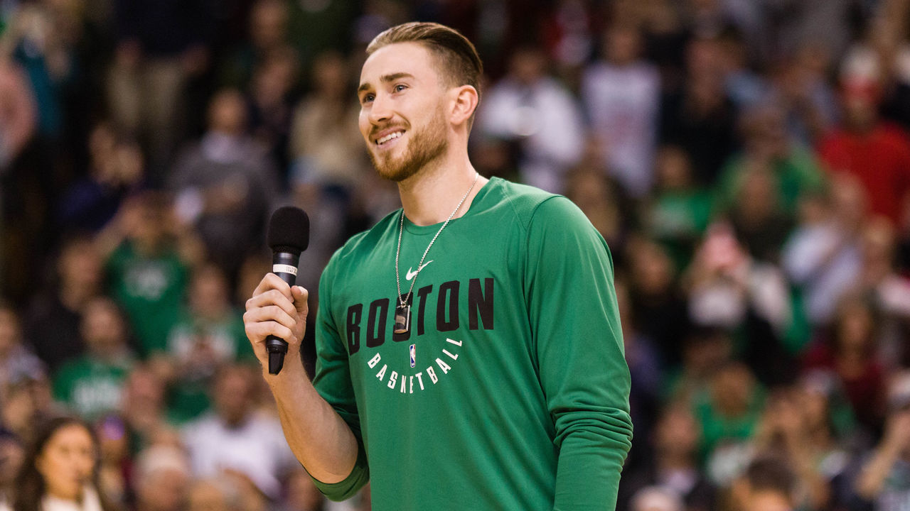BOSTON, MA - DECEMBER 25: Gordon Hayward #20 of the Boston Celtics addresses the crowd before the game between Boston Celtics and the Washington Wizards at TD Garden on December 25, 2017 in Boston, Massachusetts.