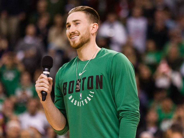 BOSTON, MA - DECEMBER 25: Gordon Hayward #20 of the Boston Celtics addresses the crowd before the game between Boston Celtics and the Washington Wizards at TD Garden on December 25, 2017 in Boston, Massachusetts.
