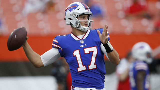 CLEVELAND, OH - AUGUST 17: Josh Allen #17 of the Buffalo Bills warms up before a preseason game against the Cleveland Browns at FirstEnergy Stadium on August 17, 2018 in Cleveland, Ohio.