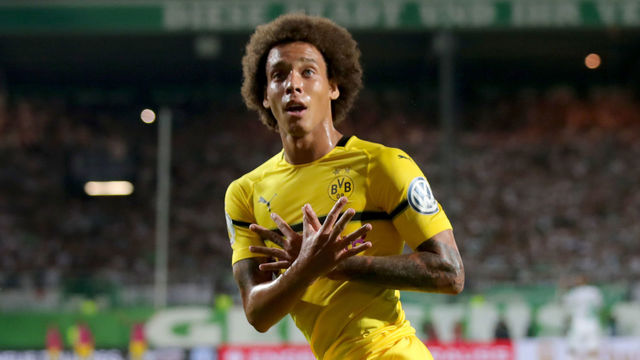 FUERTH, GERMANY - AUGUST 20: Axel Witsel of Dortmund celebrates scoring the fisrt team goal during the DFB Cup first round match between SpVgg Greuther Fuerth and BVB Borussia Dortmund at Sportpark Ronhof Thomas Sommer on August 20, 2018 in Fuerth, Germany.