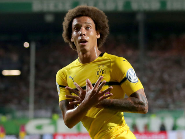 FUERTH, GERMANY - AUGUST 20: Axel Witsel of Dortmund celebrates scoring the fisrt team goal during the DFB Cup first round match between SpVgg Greuther Fuerth and BVB Borussia Dortmund at Sportpark Ronhof Thomas Sommer on August 20, 2018 in Fuerth, Germany.
