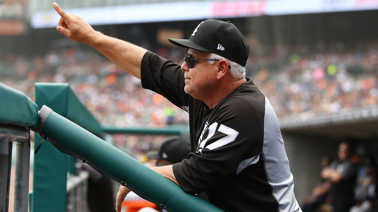 DETROIT, MI - AUGUST 15: Manger manager Rick Renteria #17 of the Chicago White Sox calls for a replay challenge in the third inning while playing the Detroit Tigers at Comerica Park on August 15, 2018 in Detroit, Michigan.