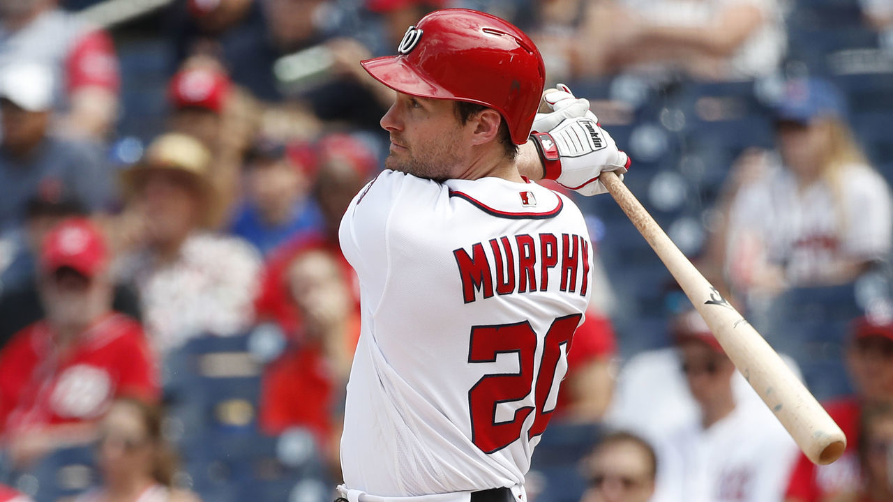 WASHINGTON, DC - AUGUST 09: Daniel Murphy #20 of the Washington Nationals hits an RBI double scoring Anthony Rendon #6 (not pictured) in the sixth inning against the Atlanta Braves at Nationals Park on August 9, 2018 in Washington, DC.