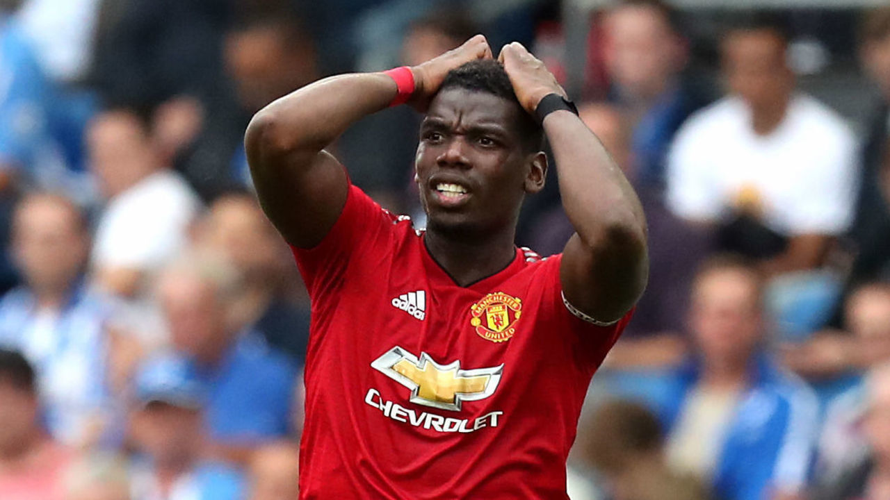Manchester United's Paul Pogba reacts during the Premier League match at the AMEX Stadium, Brighton.