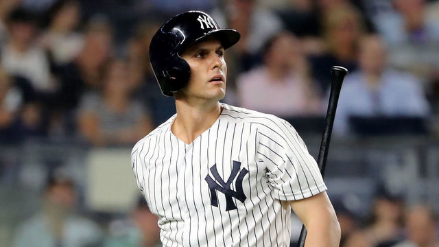 NEW YORK, NY - AUGUST 15: Greg Bird #33 of the New York Yankees reacts after he struck out in the sixth inning against the Tampa Bay Rays at Yankee Stadium on August 15, 2018 in the Bronx borough of New York City.