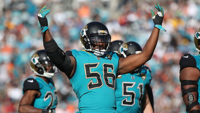 JACKSONVILLE, FL - NOVEMBER 05: Dante Fowler #56 of the Jacksonville Jaguars celebrates a play on the field in the second half of their game against the Cincinnati Bengals at EverBank Field on November 5, 2017 in Jacksonville, Florida.