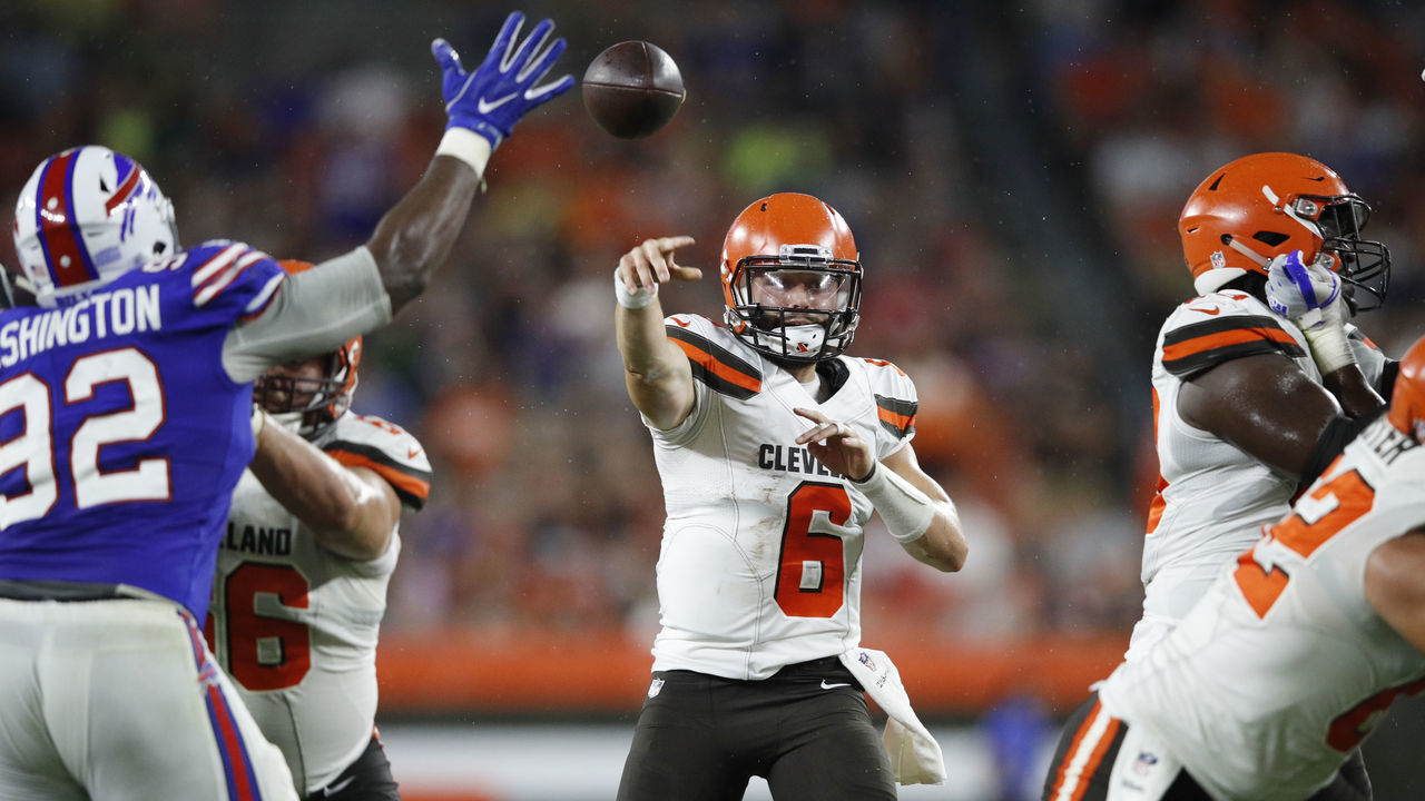 CLEVELAND, OH - AUGUST 17: Baker Mayfield #6 of the Cleveland Browns throws a pass in the third quarter of a preseason game against the Buffalo Bills at FirstEnergy Stadium on August 17, 2018 in Cleveland, Ohio.