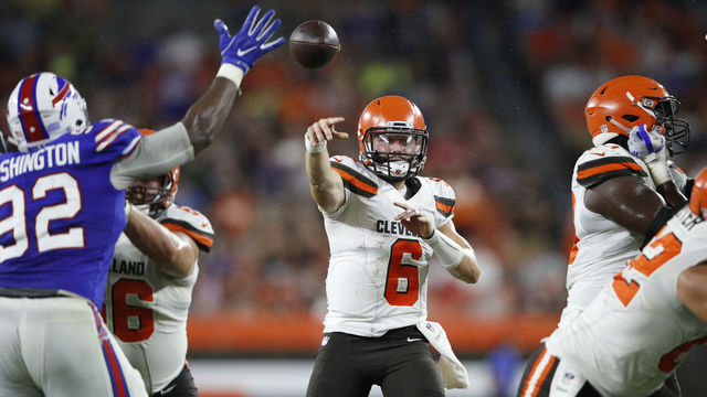 CLEVELAND, OH - AUGUST 17: Baker Mayfield #6 of the Cleveland Browns throws a pass in the third quarter of a preseason game against the Buffalo Bills at FirstEnergy Stadium on August 17, 2018 in Cleveland, Ohio.