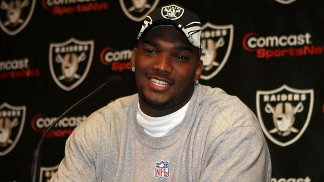 ALAMEDA, CA - SEPTEMBER 12: First overall draft pick JaMarcus Russell speaks during a press conference after signing a contract with the Oakland Raiders on September 12, 2007 at the Raiders Training Facility in Alameda, California.