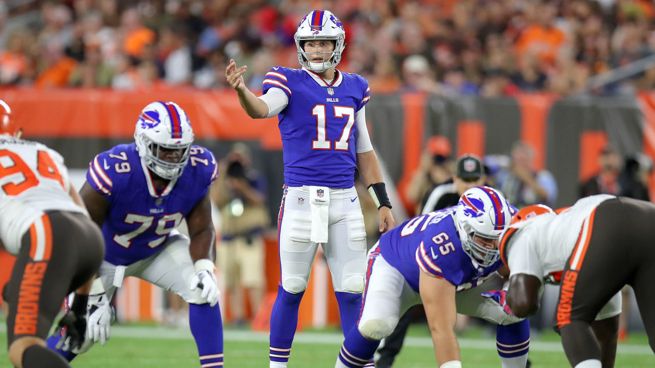 CLEVELAND, OH - AUGUST 17: Buffalo Bills quarterback Josh Allen (17) looks over the defense during the second quarter of the National Football League preseason game between the Buffalo Bills and Cleveland Browns on August 17, 2018, at FirstEnergy Stadium in Cleveland, OH. Buffalo defeated Cleveland 19-17.