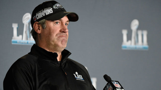 BLOOMINGTON, MN - FEBRUARY 05: Head coach Doug Pederson of the Philadelphia Eagles speaks to the media during Super Bowl LII media availability on February 5, 2018 at Mall of America in Bloomington, Minnesota. The Philadelphia Eagles defeated the New England Patriots in Super Bowl LII 41-33 on February 4th.