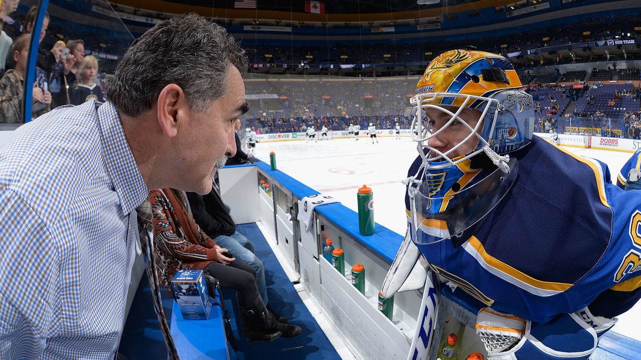 ST. LOUIS, MO - FEBRUARY 16: Pheonix Copley #30 of the St. Louis Blues talks to goaltending coach Jim Corsi prior to playing against the Dallas Stars at the Scottrade Center on February 16, 2016 in St. Louis, Missouri.