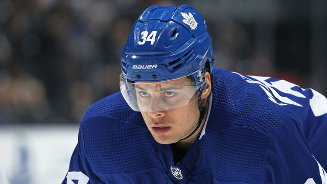 TORONTO, ON - APRIL 2: Auston Matthews #34 of the Toronto Maple Leafs waits for a faceoff against the Buffalo Sabres during an NHL game at the Air Canada Centre on April 2, 2018 in Toronto, Ontario, Canada. The Maple Leafs defeated the Sabres 5-2. *** Local Caption *** Auston Matthews
