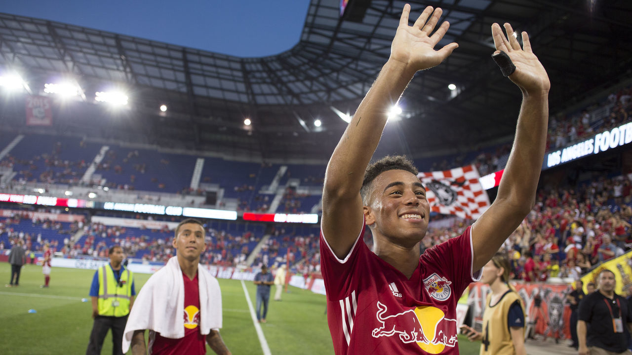 HARRISON, NEW JERSEY- August 5: Tyler Adams #4 of New York Red Bulls salutes the fans after the New York Red Bulls Vs Los Angeles FC MLS regular season game at Red Bull Arena on August 5, 2018 in Harrison, New Jersey.