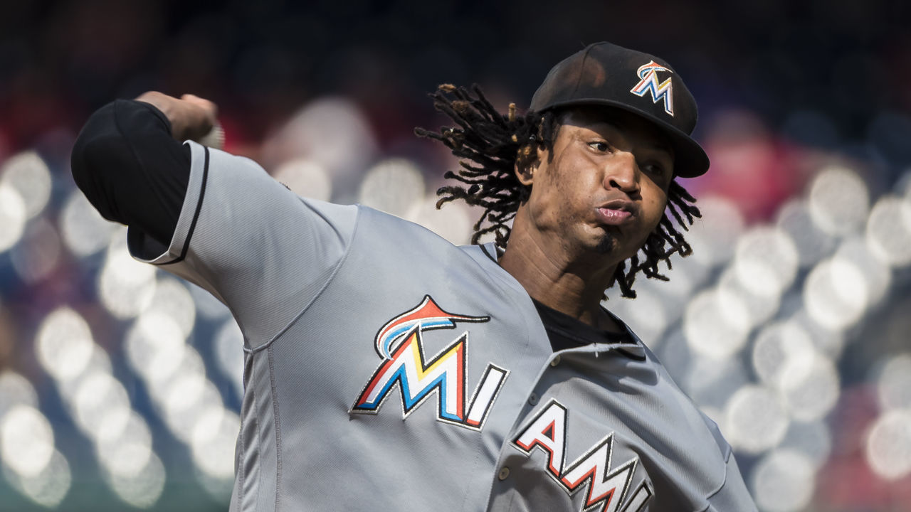 WASHINGTON, DC - AUGUST 19: Jose Urena #62 of the Miami Marlins pitches against the Washington Nationals during the ninth inning at Nationals Park on August 19, 2018 in Washington, DC. Jose Urena #62 pitched a complete game as the Marlins won 12-1.