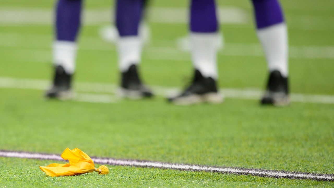 MINNEAPOLIS, MN - NOVEMBER 19: A penalty flag is seen on the field during the game between the Minnesota Vikings and the Los Angeles Rams on November 19, 2017 at US Bank Stadium in Minneapolis, Minnesota.