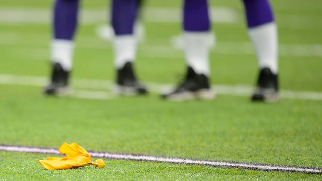 MINNEAPOLIS, MN - NOVEMBER 19: A penalty flag is seen on the field during the game between the Minnesota Vikings and the Los Angeles Rams on November 19, 2017 at US Bank Stadium in Minneapolis, Minnesota.