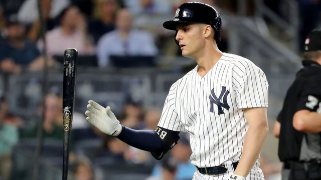 NEW YORK, NY - AUGUST 15: Greg Bird #33 of the New York Yankees reacts after he struck out in the sixth inning against the Tampa Bay Rays at Yankee Stadium on August 15, 2018 in the Bronx borough of New York City.