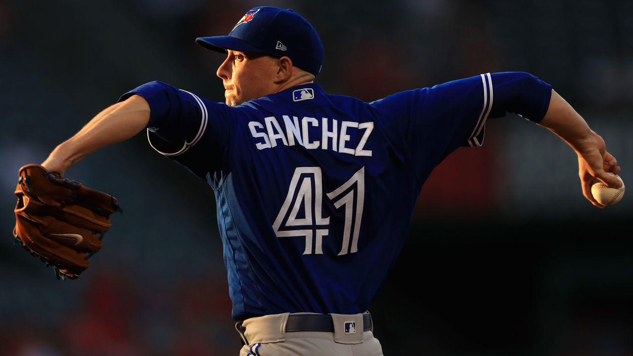 ANAHEIM, CA - JUNE 21: Aaron Sanchez #41 of the Toronto Blue Jays pitches during the first inning of a game against the Los Angeles Angels of Anaheim at Angel Stadium on June 21, 2018 in Anaheim, California.