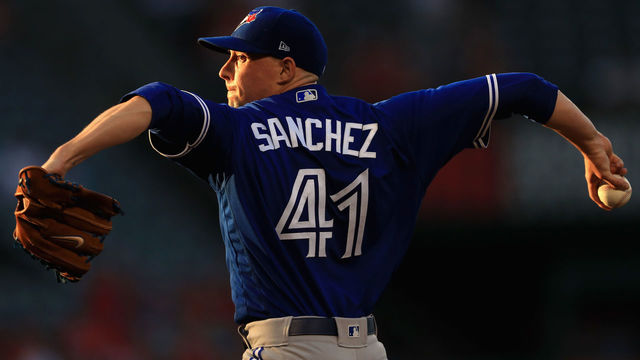 ANAHEIM, CA - JUNE 21: Aaron Sanchez #41 of the Toronto Blue Jays pitches during the first inning of a game against the Los Angeles Angels of Anaheim at Angel Stadium on June 21, 2018 in Anaheim, California.