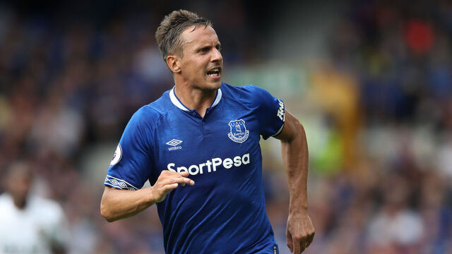 LIVERPOOL, ENGLAND - AUGUST 04: Phil Jagielka of Everton gestures during the Pre-Season Friendly between Everton and Valencia at Goodison Park on August 4, 2018 in Liverpool, England.