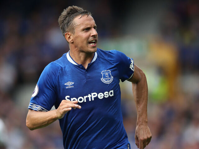 LIVERPOOL, ENGLAND - AUGUST 04: Phil Jagielka of Everton gestures during the Pre-Season Friendly between Everton and Valencia at Goodison Park on August 4, 2018 in Liverpool, England.