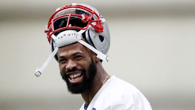 EDEN PRAIRIE, MN - FEBRUARY 02: Kenny Britt #85 of the New England Patriots smiles during the New England Patriots practice on February 2,2018 at Winter Park in Eden Prairie, Minnesota.The New England Patriots will play the Philadelphia Eagles in Super Bowl LII on February 4.