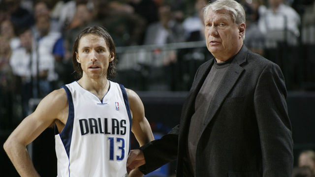 DALLAS - NOVEMBER 20: Head Coach Don Nelson and Steve Nash #13 of the Dallas Mavericks look on from the sideline during the game against the San Antonio Spurs on November 20, 2003 at the American Airlines Center in Dallas, Texas. The Mavericks won 95-92.