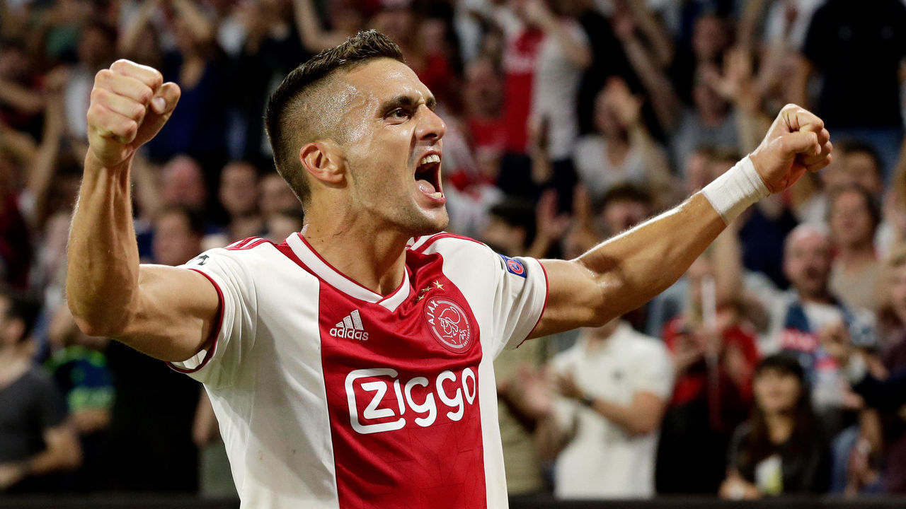 AMSTERDAM, NETHERLANDS - AUGUST 22: Dusan Tadic of Ajax celebrates 3-1 during the UEFA Champions League match between Ajax v Dinamo Kiev at the Johan Cruijff Arena on August 22, 2018 in Amsterdam Netherlands
