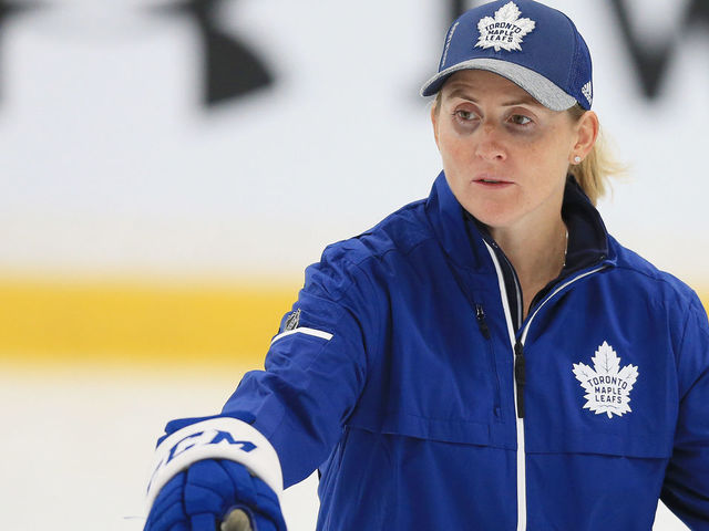 TORONTO, ON- Guest coach Hailey Wickenheiser and Mike Ellis (r) at the Leafs training facility in Etobicoke. June 26, 2018. (Rene Johnston/Toronto Star via Getty Images)