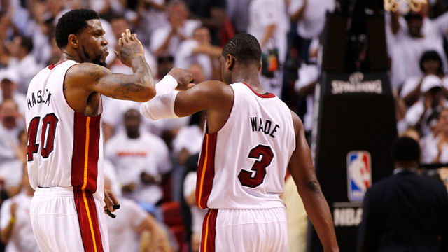 MIAMI, FL - MAY 30: Udonis Haslem #40 and Dwyane Wade #3 of the Miami Heat celebrate in the second half against the Boston Celtics in Game Two of the Eastern Conference Finals in the 2012 NBA Playoffs on May 30, 2012 at American Airlines Arena in Miami, Florida.