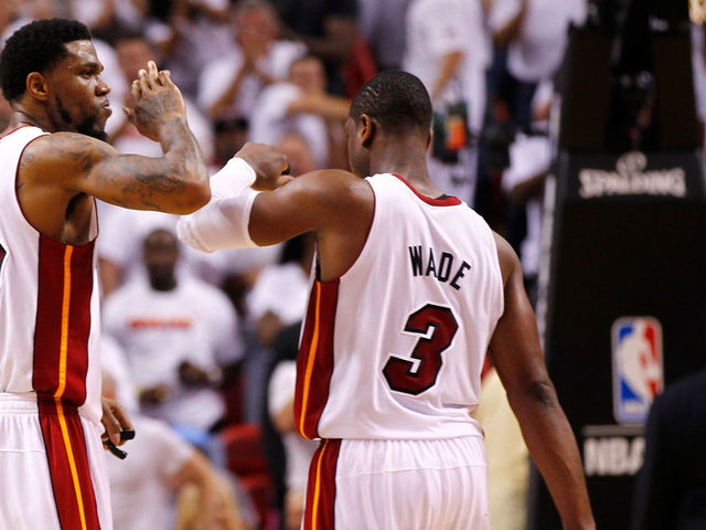 MIAMI, FL - MAY 30: Udonis Haslem #40 and Dwyane Wade #3 of the Miami Heat celebrate in the second half against the Boston Celtics in Game Two of the Eastern Conference Finals in the 2012 NBA Playoffs on May 30, 2012 at American Airlines Arena in Miami, Florida.