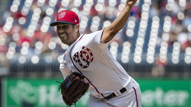WASHINGTON, DC - AUGUST 19: Gio Gonzalez #47 of the Washington Nationals pitches against the Miami Marlins during the third inning at Nationals Park on August 19, 2018 in Washington, DC.