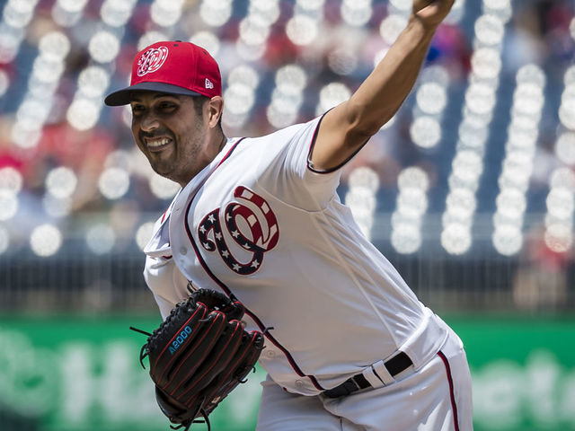 WASHINGTON, DC - AUGUST 19: Gio Gonzalez #47 of the Washington Nationals pitches against the Miami Marlins during the third inning at Nationals Park on August 19, 2018 in Washington, DC.