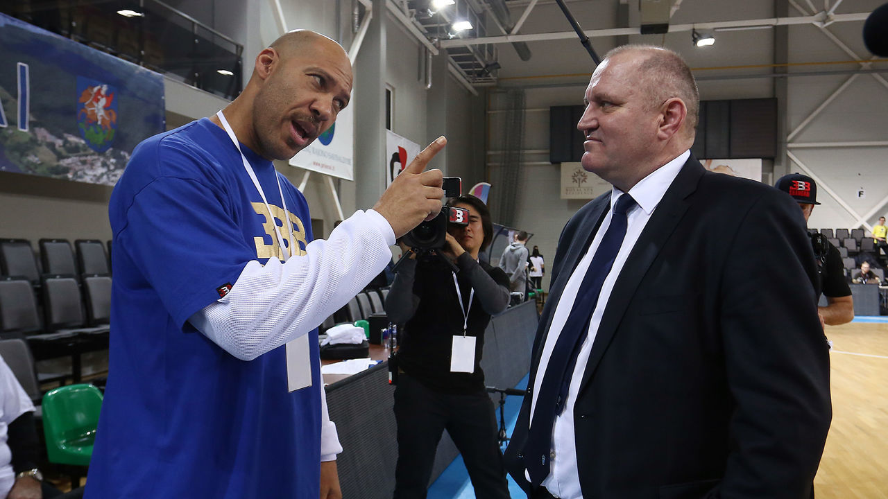 PRIENAI, LITHUANIA - JANUARY 09: LaVar Ball father of LiAngelo and LaMelo Ball talks with Virginijus Seskus head coach of Vytautas Prienai during the match between Vytautas Prienai and Zalgiris Kauno on January 9, 2018 in Prienai, Lithuania.
