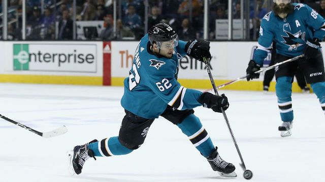 SAN JOSE, CA - MAY 02: Kevin Labanc #62 of the San Jose Sharks in action against the Vegas Golden Knights during Game Four of the Western Conference Second Round during the 2018 NHL Stanley Cup Playoffs at SAP Center on May 2, 2018 in San Jose, California.