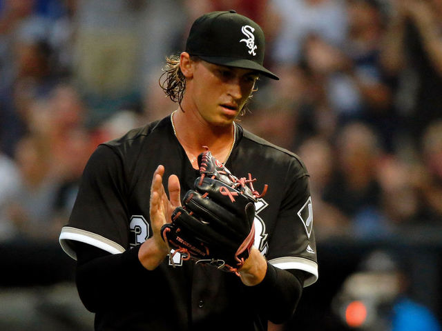 CHICAGO, IL - AUGUST 21: Michael Kopech #34 of the Chicago White Sox reacts at the end of the first inning against the Minnesota Twins at Guaranteed Rate Field on August 21, 2018 in Chicago, Illinois.